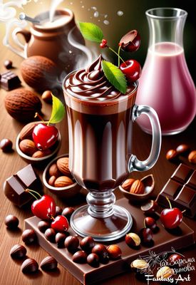 Открытка «С добрым утром»: Уютный кофе с шоколадом и вишней для настроения. Тэги: пожелание, улыбка, кофе, позитив…