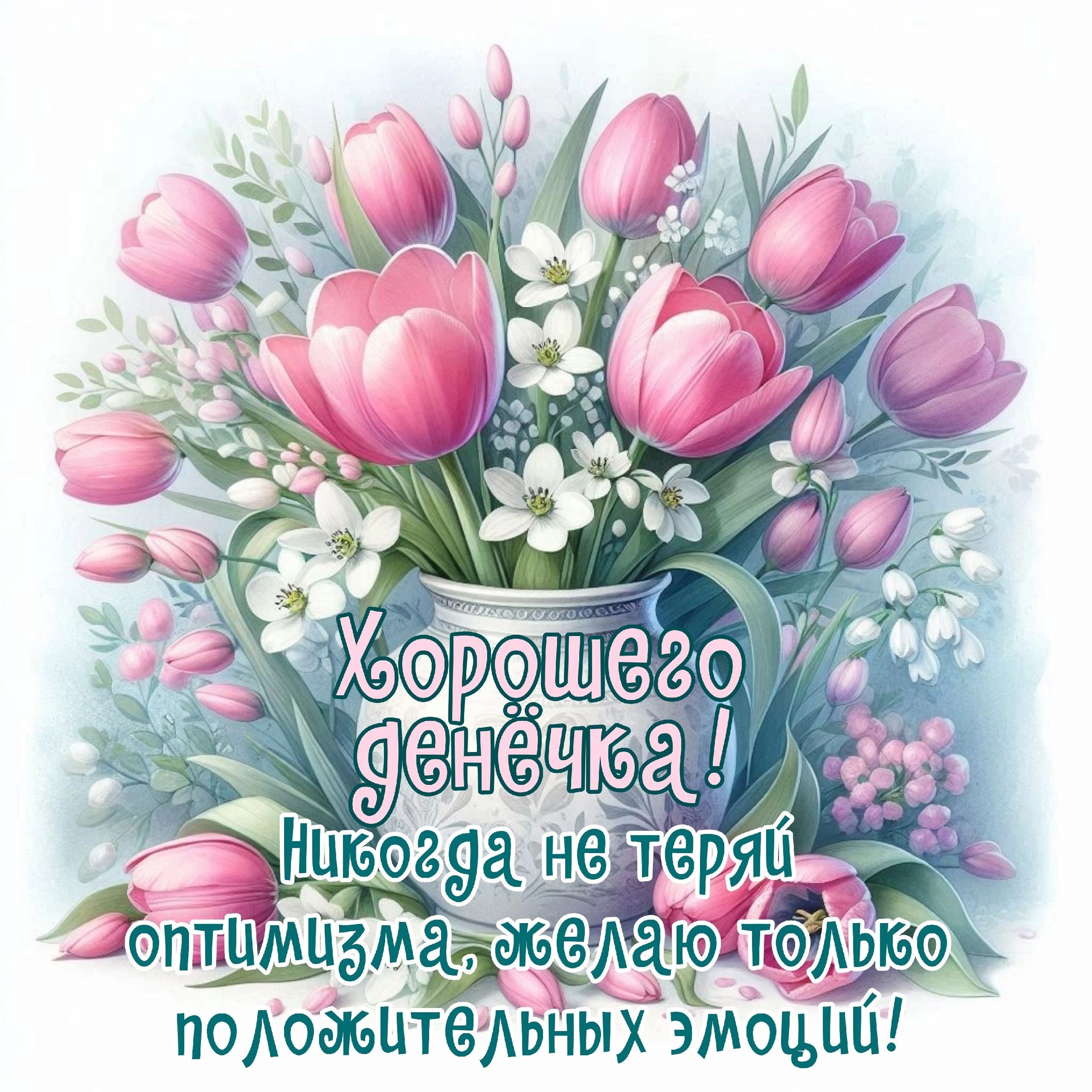 Открытка «Пожелание»: Открытка Хорошего денёчка с весенними тюльпанами. Тэги: улыбка, красивая, позитив, радость…