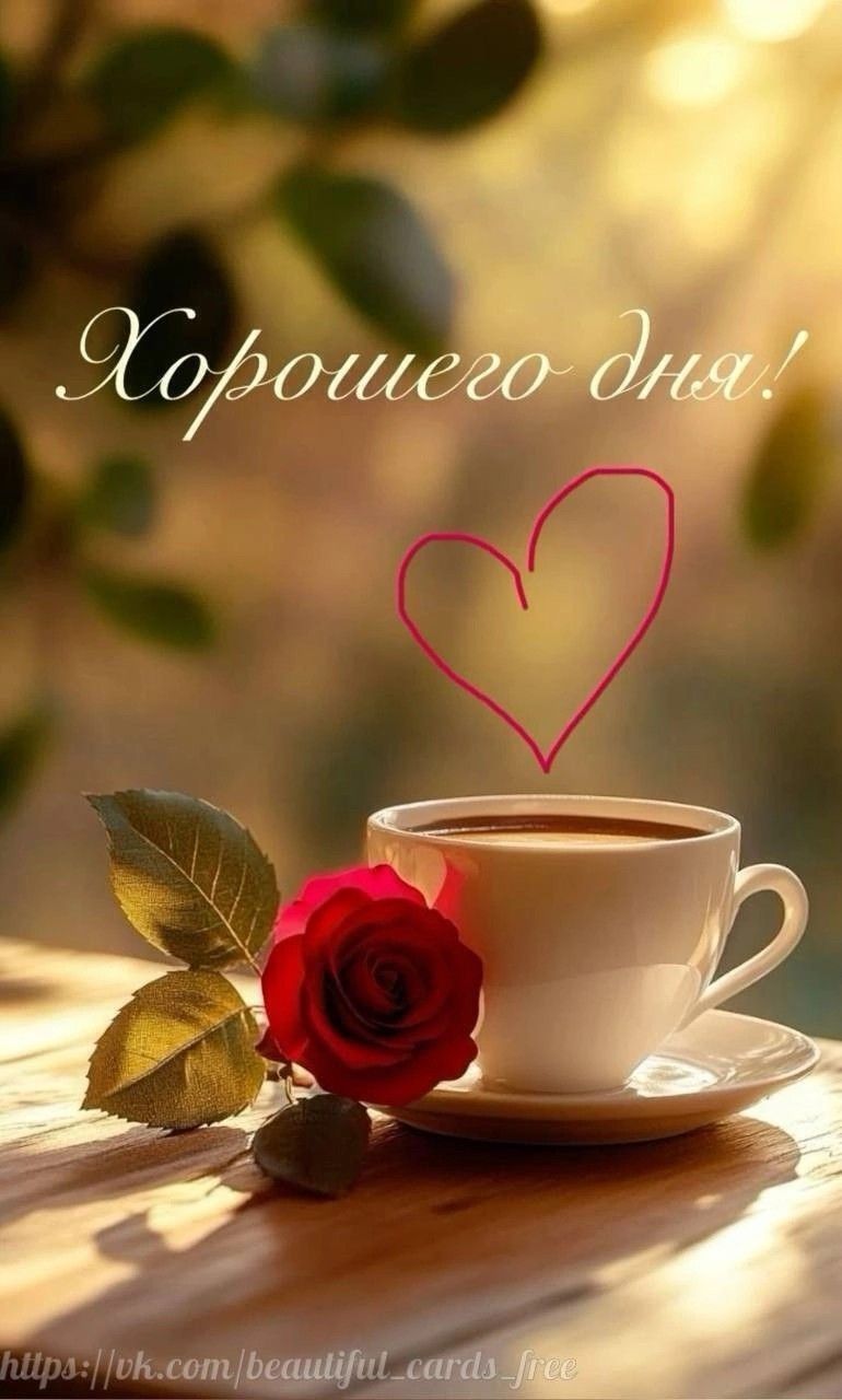 Открытка «Пожелание»: Хорошего дня! Кофе, роза и теплое пожелание. Тэги: красивая, кофе, позитив, добрый день, сердце…