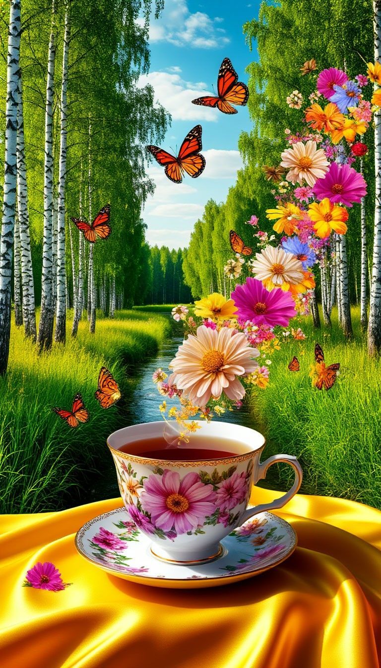 Открытка «С добрым утром»: Красивое утро: чай, цветы и позитив. Тэги: улыбка, утро, красивая, позитив, радость, цветок…