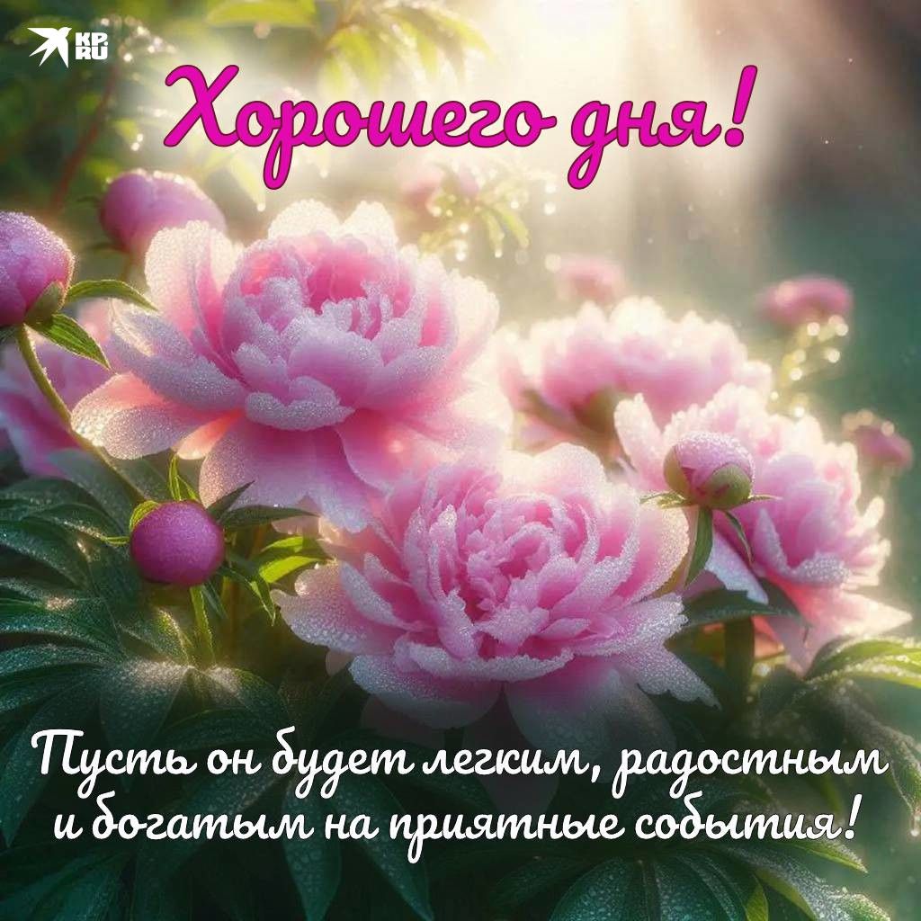 Открытка «Пожелание»: Хорошего дня! Нежные пионы для настроения. Тэги: улыбка, красивая, позитив, радость, добрый день…