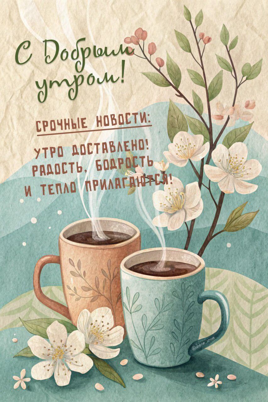 Открытка «Пожелание»: «С Добрым утром!» — Радость, тепло и кофе. Тэги: улыбка, утро, красивая, кофе, позитив, радость…
