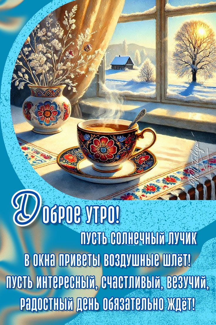 Открытка «Пожелание»: Доброе утро: зимний уют, кофе и радость дня!. Тэги: утро, красивая, кофе, позитив, радость, окно…