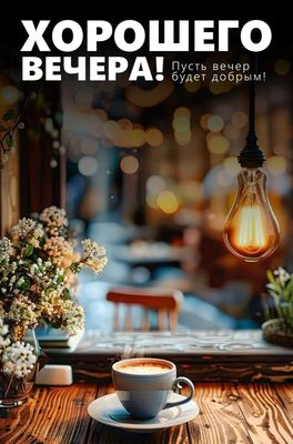 Открытка «Пожелание»: «Хорошего вечера!» — Уютное пожелание с кофе. Тэги: красивая, кофе, позитив, цветок, окно, чашка…