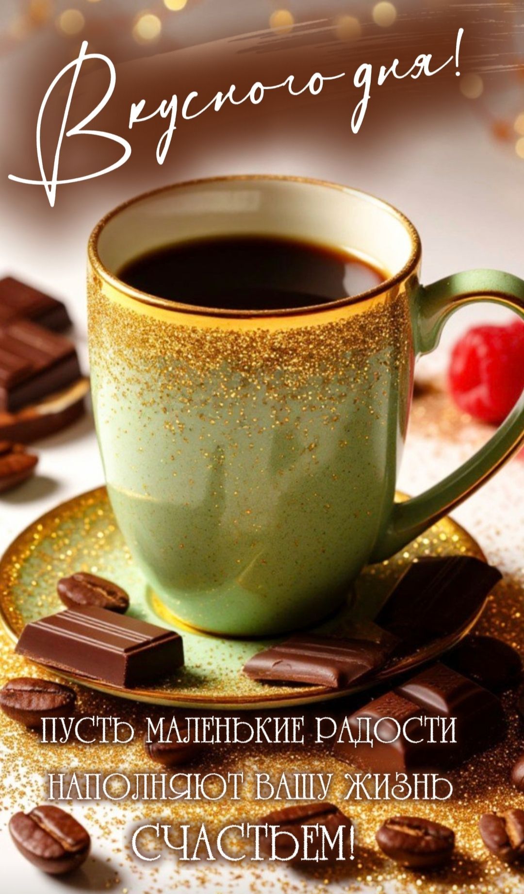 Открытка «Добрый день»: Вкусного дня! Кофе, радость и счастье с пожеланием. Тэги: Добрый день и добрые пожелания…