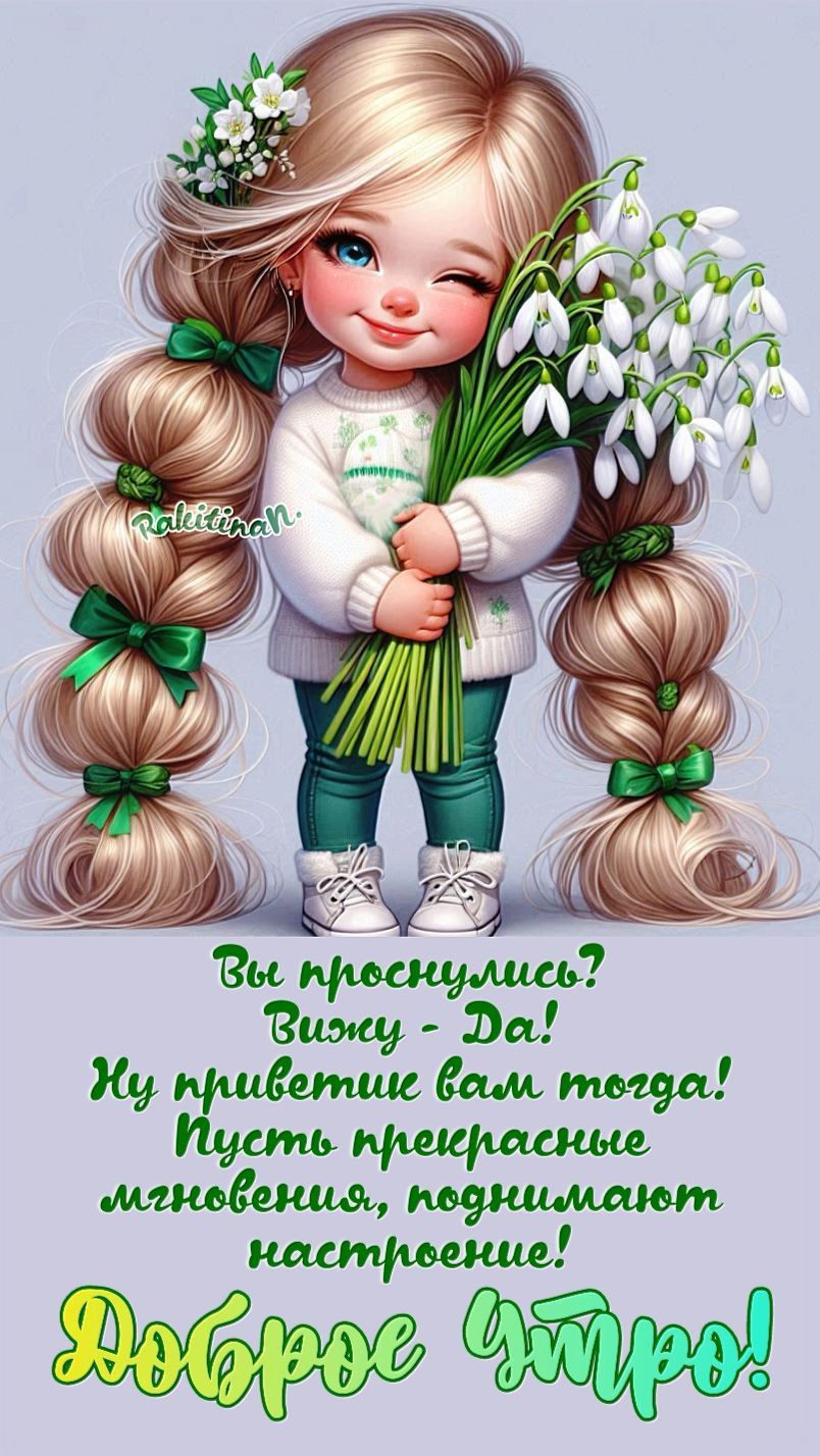 Открытка «С добрым утром»: Доброе утро: милая девочка, цветы и позитив. Тэги: пожелание, улыбка, утро, красивая…
