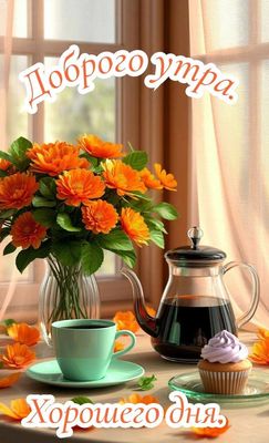 Открытка «С добрым утром»: «Доброго утра и хорошего дня» с кофе и цветами. Тэги: пожелание, утро, красивая, кофе…