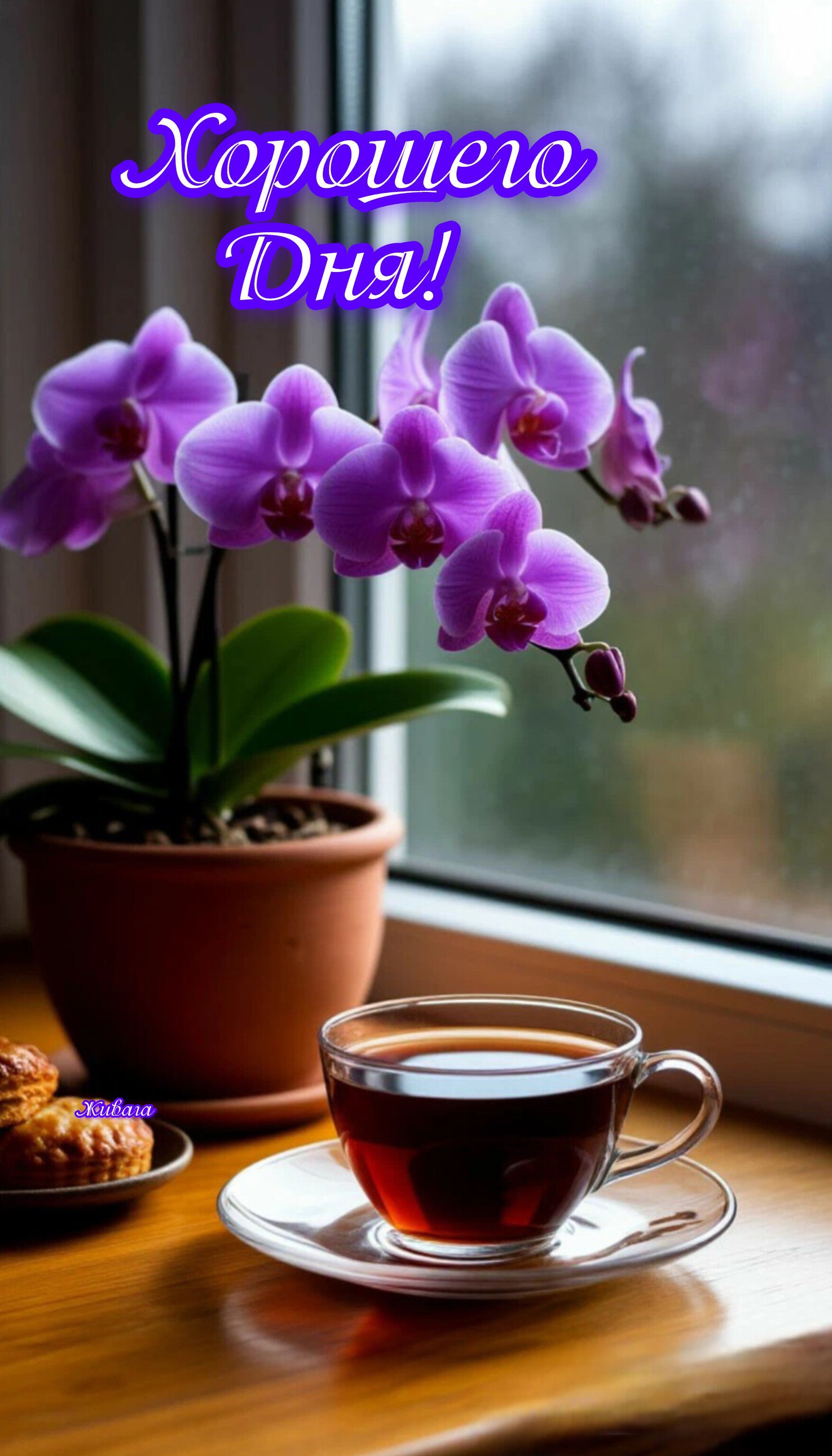 Открытка «Пожелание»: Хорошего Дня! Красивая открытка с цветком и чаем. Тэги: улыбка, красивая, позитив, радость…