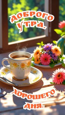 Открытка «С добрым утром»: С Добрым Утром и Хорошего Дня: кофе, цветы, позитив. Тэги: пожелание, утро, красивая, кофе…
