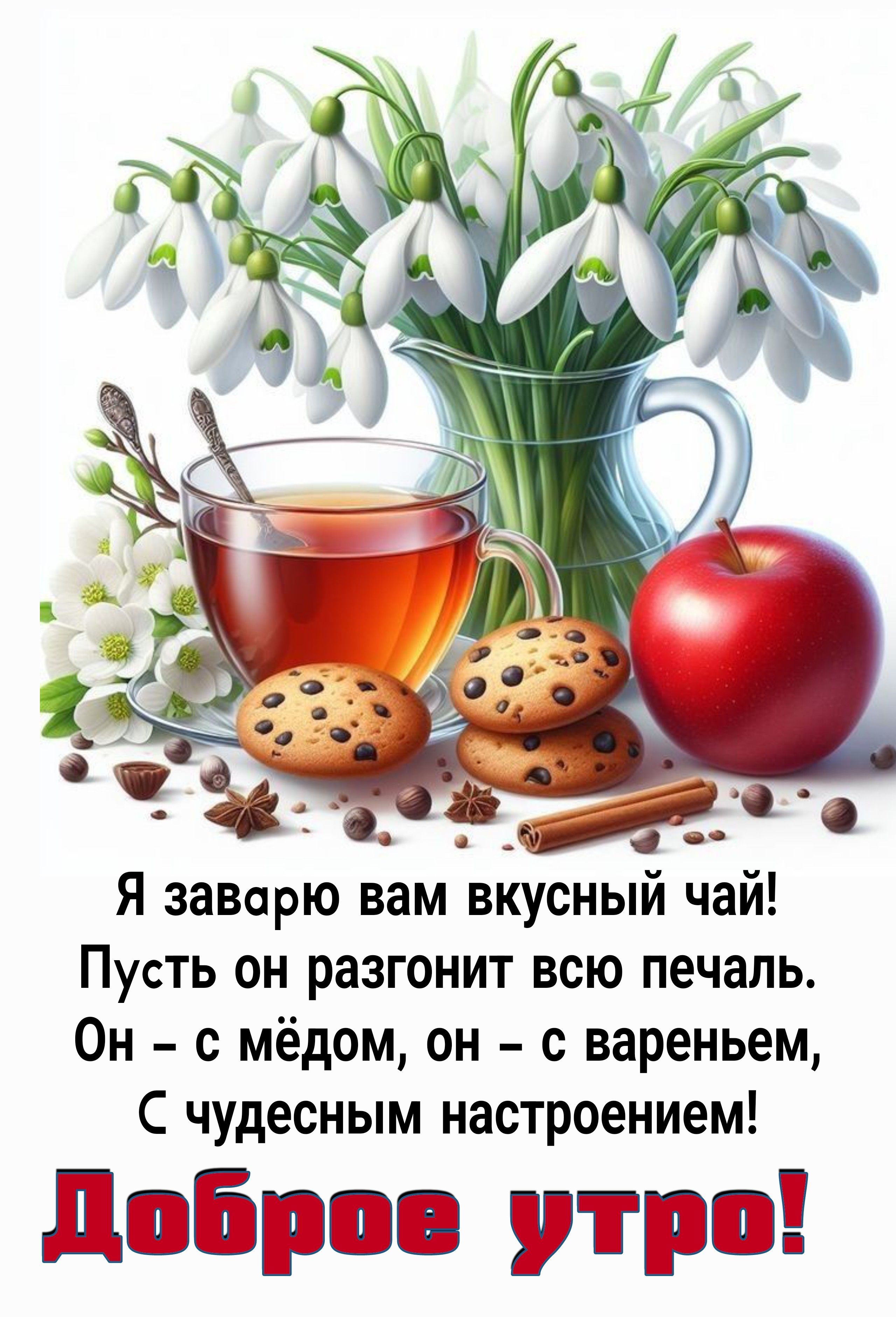 Открытка «С добрым утром»: Доброе утро! Чай, подснежники и чудесное настроение. Тэги: Хорошего настроения, С добрым в…