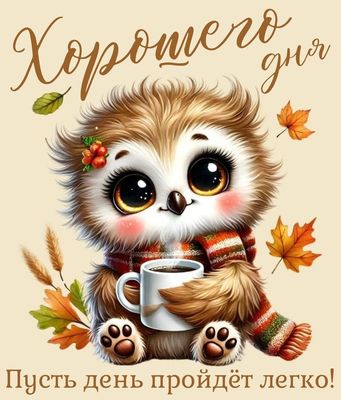 Открытка «Животное»: Хорошего дня! Милая сова, уют и осеннее настроение. Тэги: пожелание, улыбка, шарф, красивая, кофе…