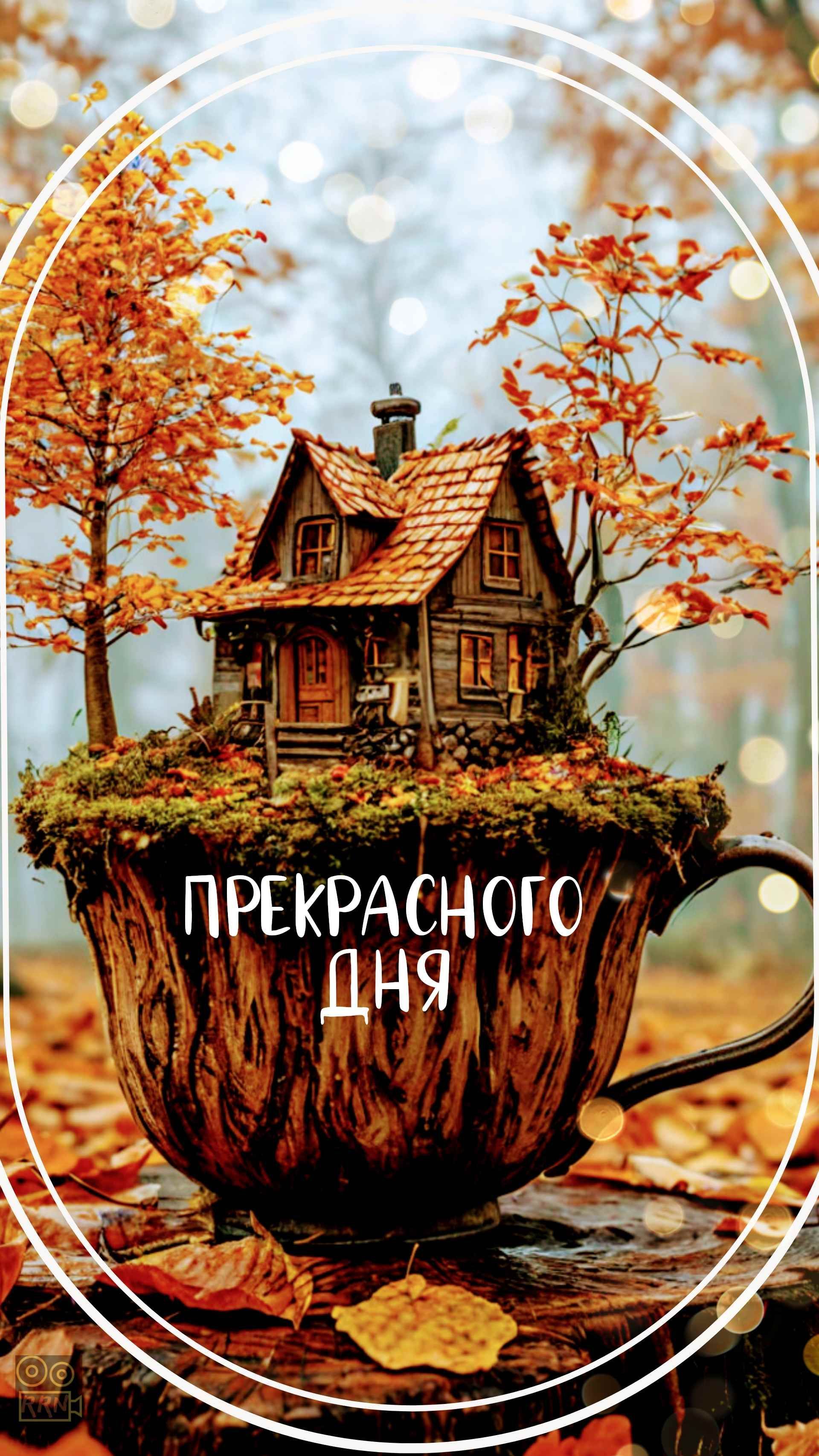 Открытка «Пожелание»: «Прекрасного дня» – осенний домик в чашке. Тэги: позитив, радость, добрый день, осень, чашка…