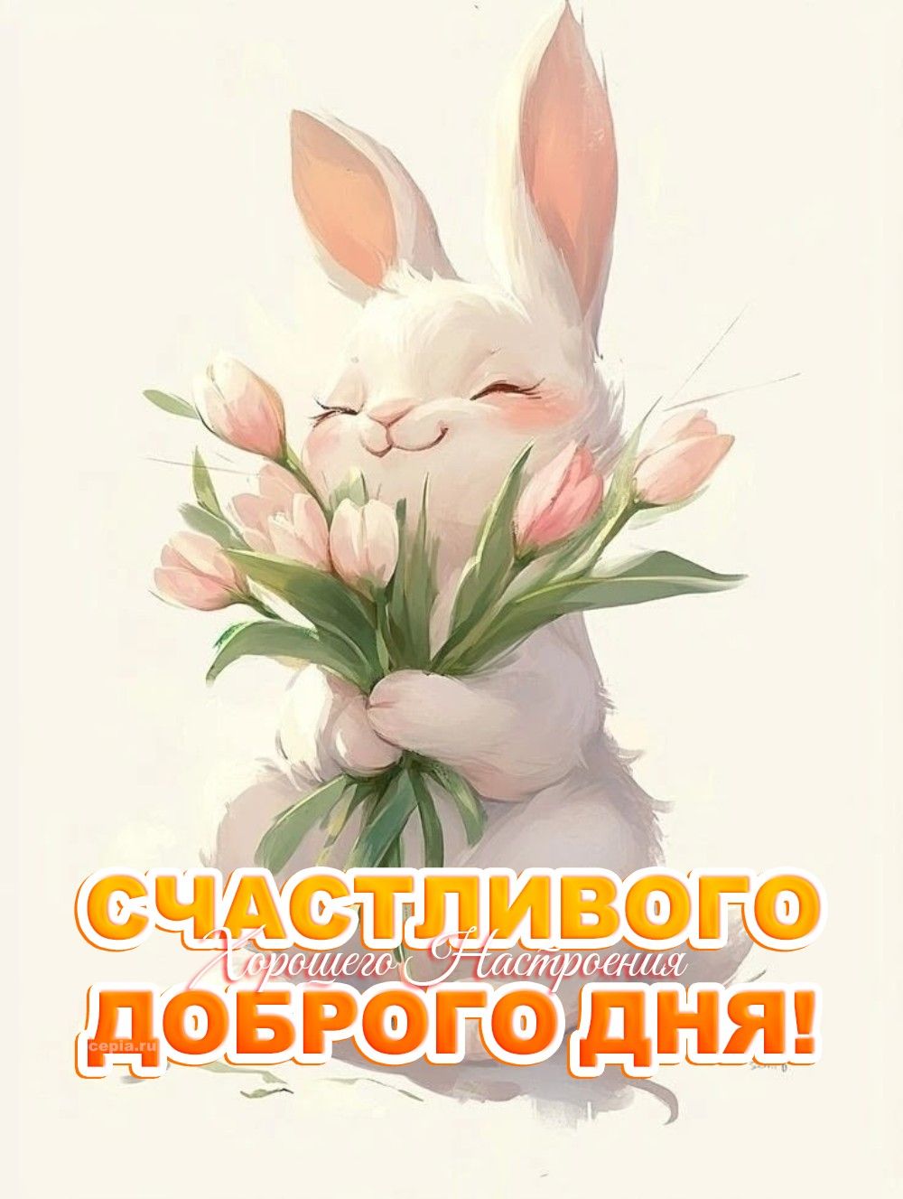 Открытка «Хорошего дня»: Счастливого дня! Милый кролик и хорошее настроение. Тэги: Добрый день, Добрый день и добрые…