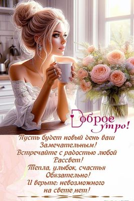 Открытка «С добрым утром»: «Доброе утро» с цветами и вдохновляющим пожеланием. Тэги: С добрым утром, женщине, С добрым…