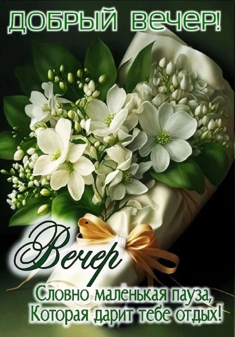 Открытка «Пожелание»: Нежный букет и пожелание доброго вечера. Тэги: улыбка, красивая, позитив, радость, цветок…