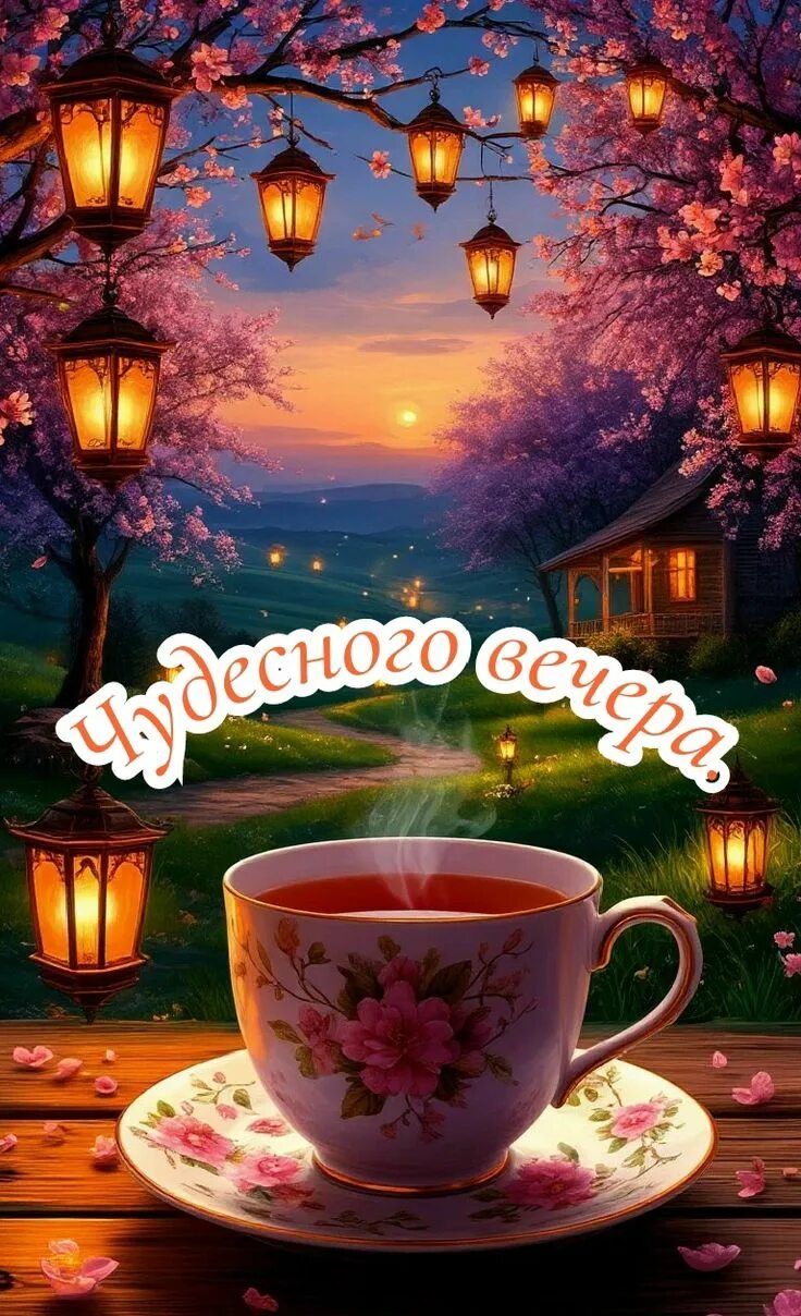 Открытка «Пожелание»: Чудесного вечера: уют и тепло чашки чая. Тэги: цветок, чай, чашка, фонарь, домик, настроение…