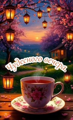 Открытка «Пожелание»: Чудесного вечера: уют и тепло чашки чая. Тэги: цветок, чай, чашка, фонарь, домик, настроение…