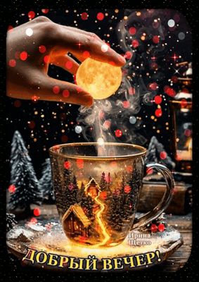 Открытка «Пожелание»: «Добрый вечер!» Сказочный зимний уют. Тэги: красивая, чашка, домик, настроение, зима, снег, лес…