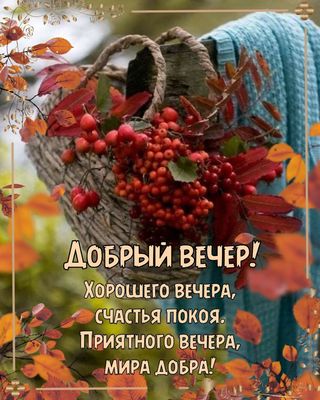 Открытка «Пожелание»: Уютный «Добрый вечер» с осенними пожеланиями. Тэги: красивая, позитив, радость, осень, счастье…