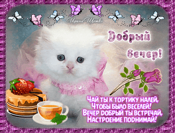 Открытка «Для поднятия настроения»: Добрый вечер! Пушистый котенок, чай и торт. Тэги: Хорошего настроения, пожелание…