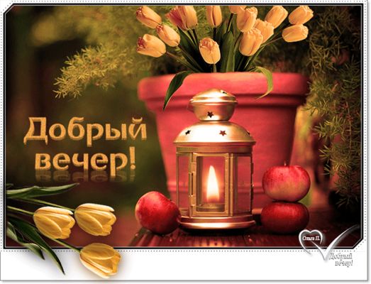 Открытка «Пожелание»: Добрый вечер! Уютное пожелание с тюльпанами и свечой. Тэги: улыбка, красивая, позитив, радость…