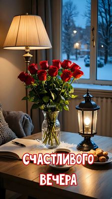 Открытка «Пожелание»: Счастливого вечера: уют, розы и приятное настроение. Тэги: красивая, позитив, цветок, фонарь…