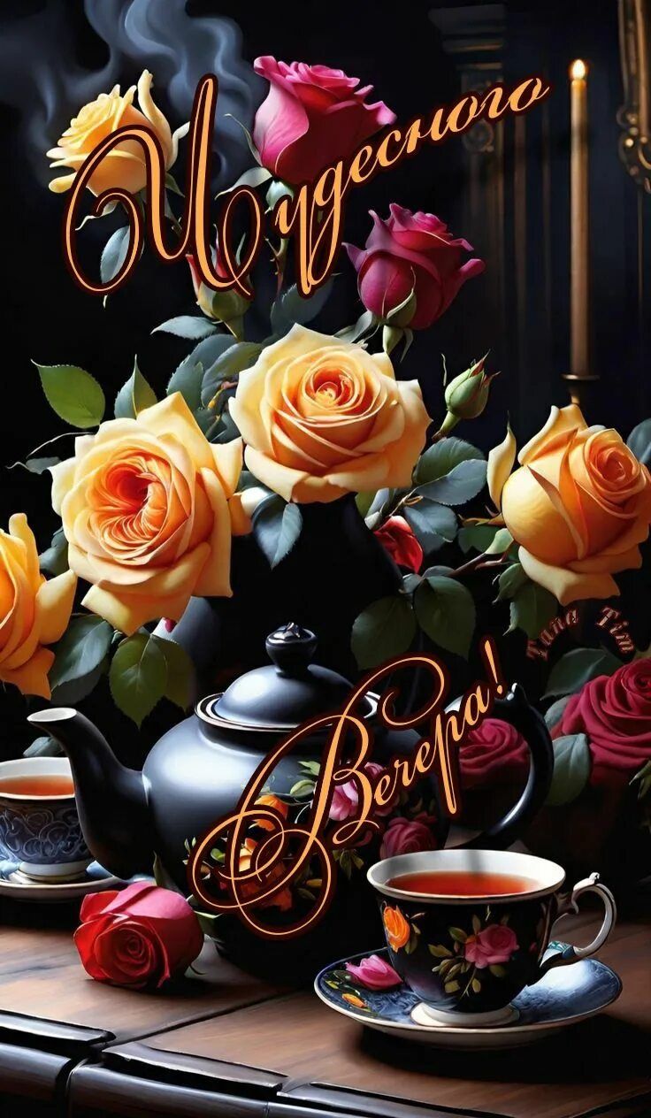 Открытка «Пожелание»: Чудесного Вечера! Красивые розы и уютный чай. Тэги: красивая, цветок, чай, стол, чашка, настрое…