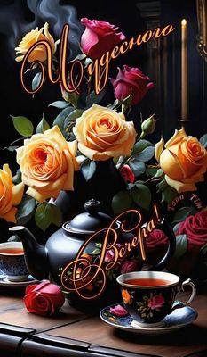 Открытка «Пожелание»: Чудесного Вечера! Красивые розы и уютный чай. Тэги: красивая, цветок, чай, стол, чашка, настрое…