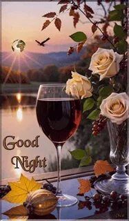 Открытка «Пожелание»: «Доброй ночи»: уютный вечер, вино и осенние розы. Тэги: красивая, осень, настроение, птица…