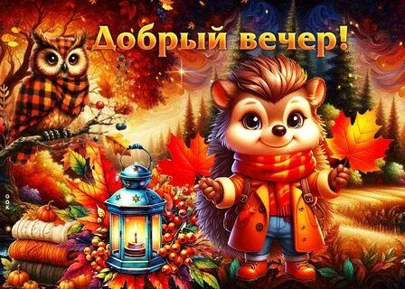 Открытка «Животное»: Добрый вечер: осенний уют и милый ежик. Тэги: улыбка, красивая, позитив, радость, осень, фонарь…