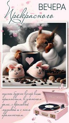 Открытка «Животное»: Прекрасного вечера: уют, тепло и милая белка. Тэги: пожелание, улыбка, кофе, позитив, белка, чай…