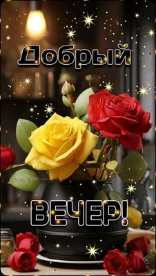 Открытка «Пожелание»: Добрый вечер: красивые розы и блестящее пожелание. Тэги: красивая, позитив, радость, цветок…