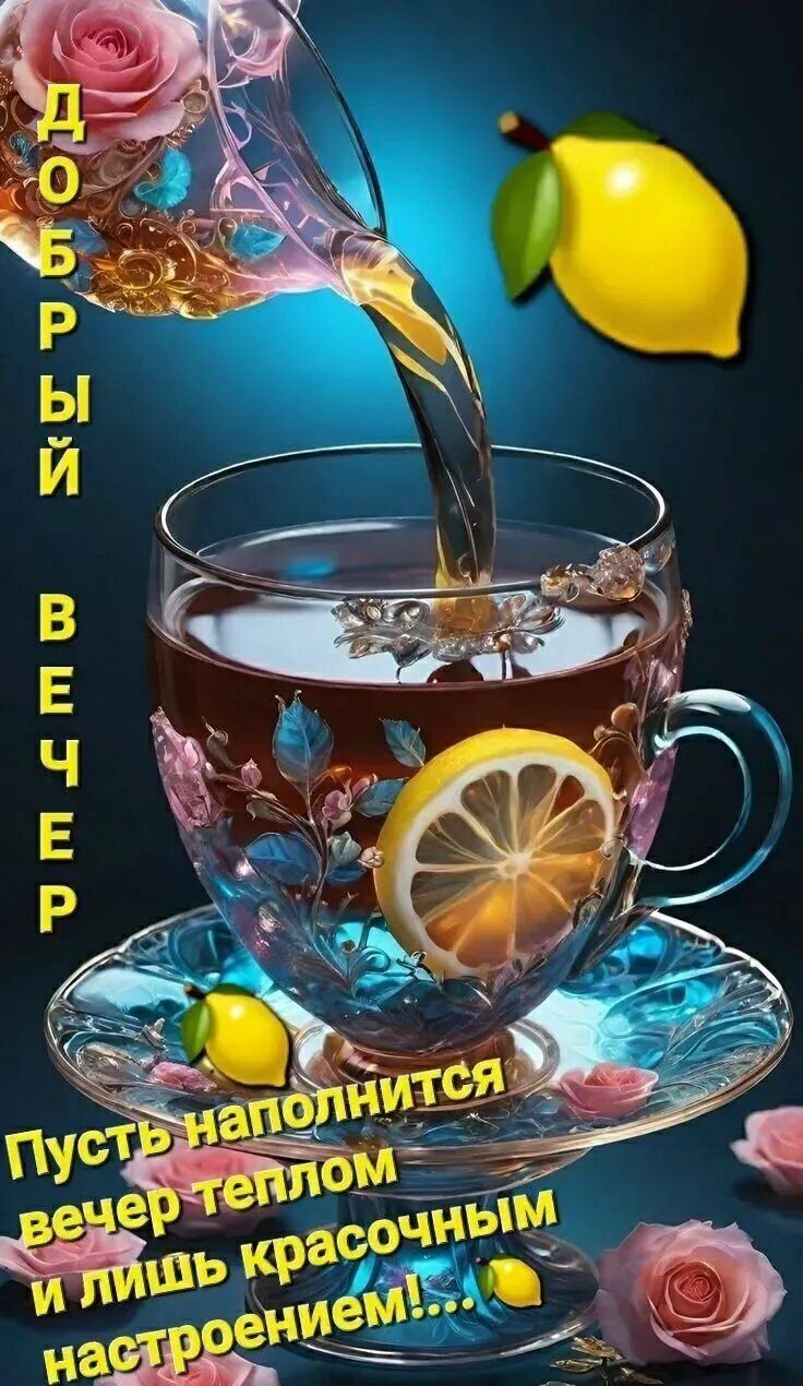 Открытка «Пожелание»: Добрый вечер с чаем и красочным настроением. Тэги: улыбка, позитив, радость, цветок, чай, тепло…
