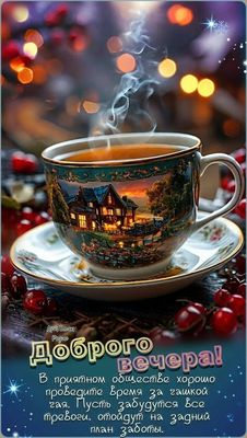 Открытка «Пожелание»: Доброго вечера! Уютное пожелание с чашкой чая. Тэги: красивая, кофе, чай, чашка, настроение…