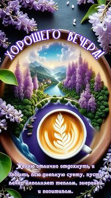 Открытка «Пожелание»: Красивая открытка «Хорошего вечера!» с кофе и пейзажем. Тэги: красивая, кофе, позитив, энергия…