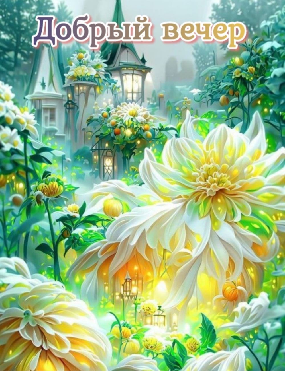 Открытка «Пожелание»: «Добрый вечер» – Сказочная открытка с цветами и огнями. Тэги: красивая, позитив, радость, цветок…