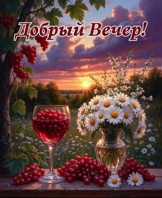 Открытка «Пожелание»: Добрый вечер! Уютное пожелание с ромашками и закатом. Тэги: красивая, цветок, настроение, нежная…