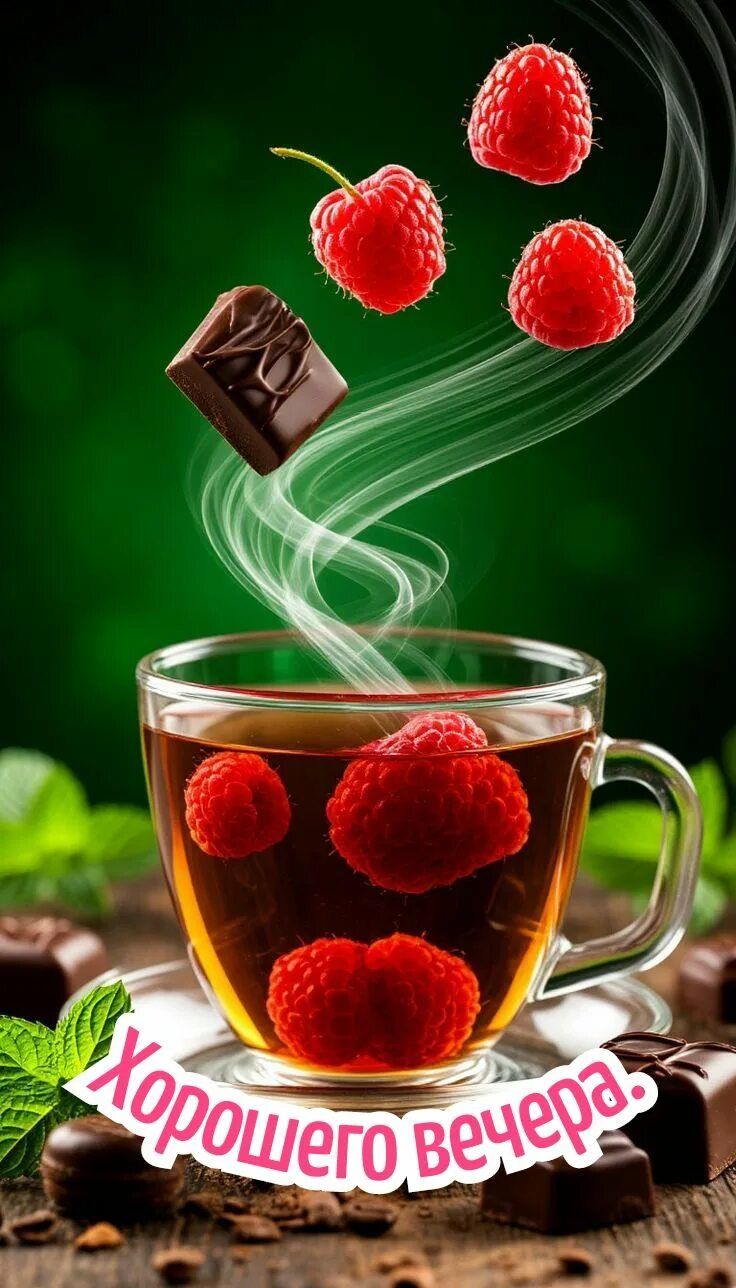 Открытка «Пожелание»: «Хорошего вечера» – уют с чаем, малиной и шоколадом. Тэги: улыбка, красивая, позитив, радость…