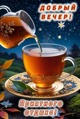 Открытка «Пожелание»: Добрый вечер! Приятного отдыха с чашкой чая. Тэги: красивая, позитив, чай, осень, чашка, настро…