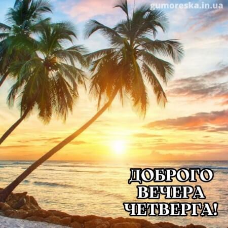 Открытка «Пожелание»: «Доброго вечера четверга!»: закат и пальмы. Тэги: красивая, позитив, радость, настроение, лето…