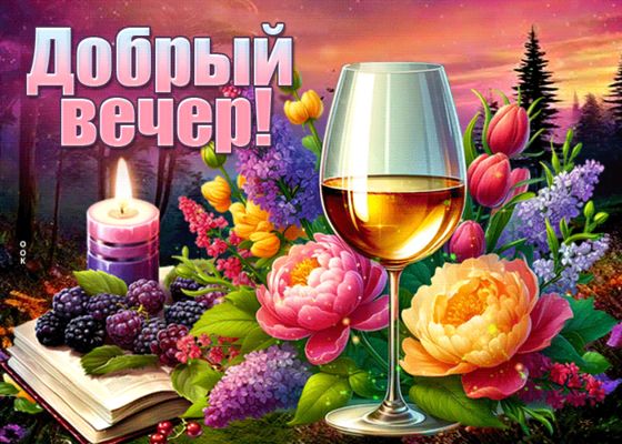 Открытка «Пожелание»: Добрый вечер! Уютная открытка с цветами и вином. Тэги: красивая, позитив, радость, цветок…