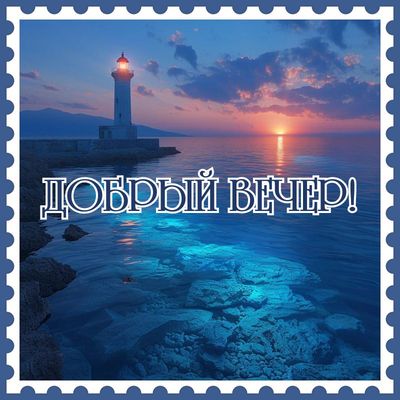 Открытка «Пожелание»: «Добрый вечер» – красивый пейзаж с маяком. Тэги: красивая, настроение, нежная, природа, солнце…