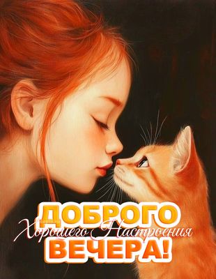 Открытка «Кот»: Доброго вечера: уют и настроение с милым котом. Тэги: животное, пожелание, улыбка, женщина, девушка…