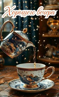 Открытка «Пожелание»: Сказочный вечер: Открытка с чаем и золотыми звёздами. Тэги: красивая, позитив, чай, чашка…