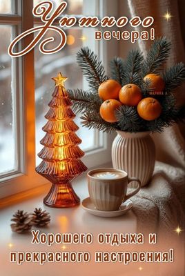 Открытка «Пожелание»: Уютного вечера и хорошего настроения!. Тэги: красивая, кофе, позитив, радость, окно, чашка…