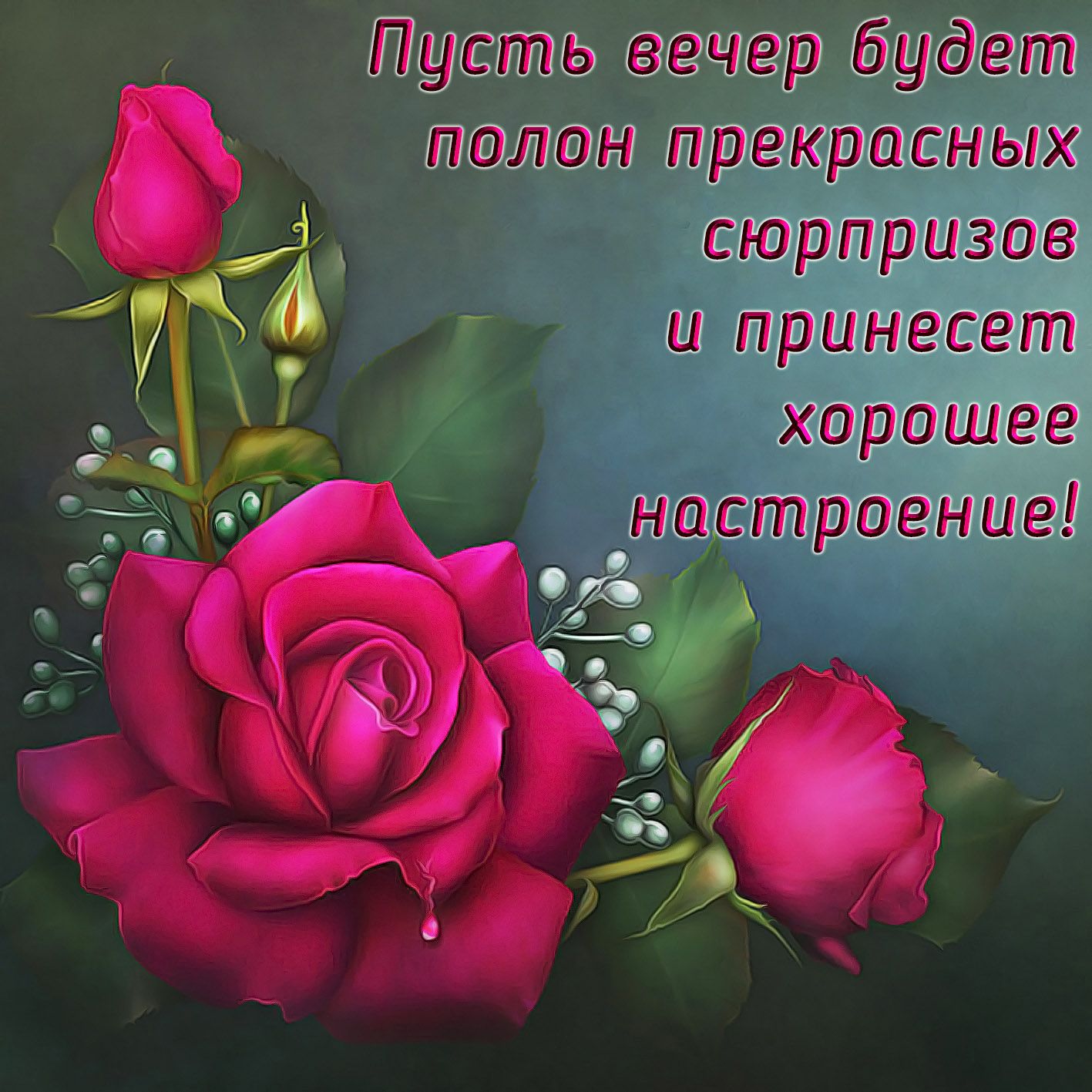 Открытка «Пожелание»: Прекрасный вечер: роза и хорошее настроение. Тэги: улыбка, красивая, позитив, радость, цветок…
