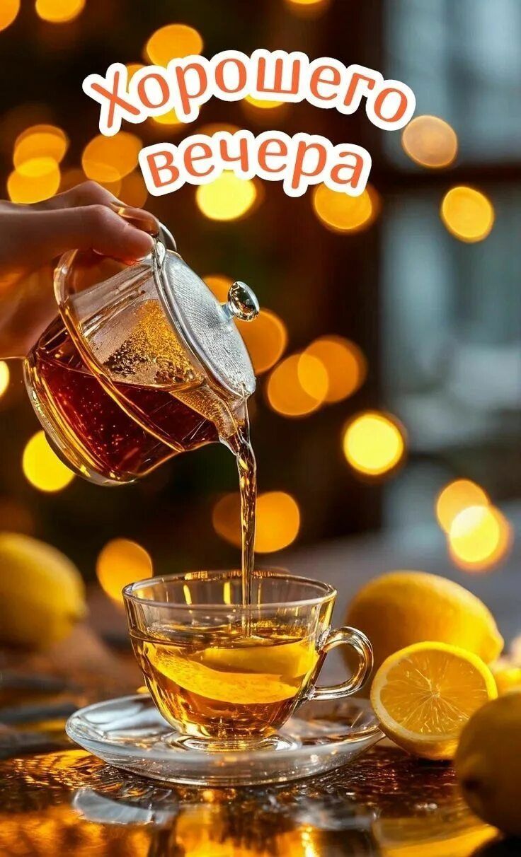 Открытка «Пожелание»: Хорошего вечера: уютный чай с лимоном. Тэги: друг, красивая, позитив, радость, чай, чашка…