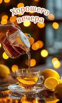 Открытка «Пожелание»: Хорошего вечера: уютный чай с лимоном. Тэги: друг, красивая, позитив, радость, чай, чашка…