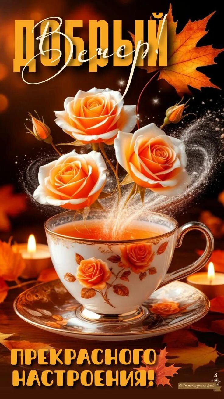 Открытка «Пожелание»: Уютный Добрый вечер: чай, розы, осеннее настроение. Тэги: красивая, позитив, радость, цветок…