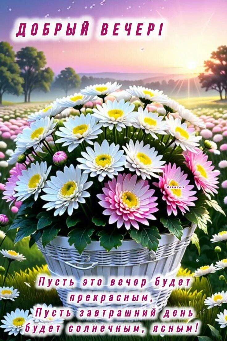 Открытка «Пожелание»: Добрый вечер! Красивая открытка с цветами и пожеланием. Тэги: улыбка, красивая, позитив, радость…